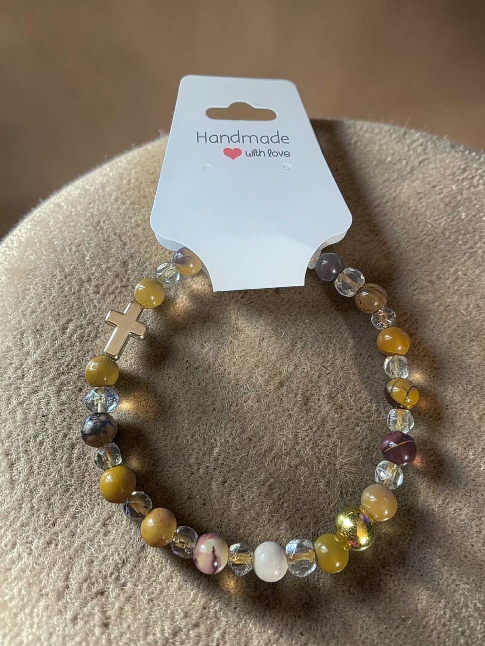 Handmade Natural Jasper Agate Stone Beaded Cross Stretch Bracelet
